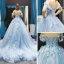Flower Fairy Sky Blue Evening Dresses  2023 Ball Gown Off-The-Shoulder Short Sleeve Appliques Lace Flower Beading Chapel Train Ruffle Backless Formal Dresses