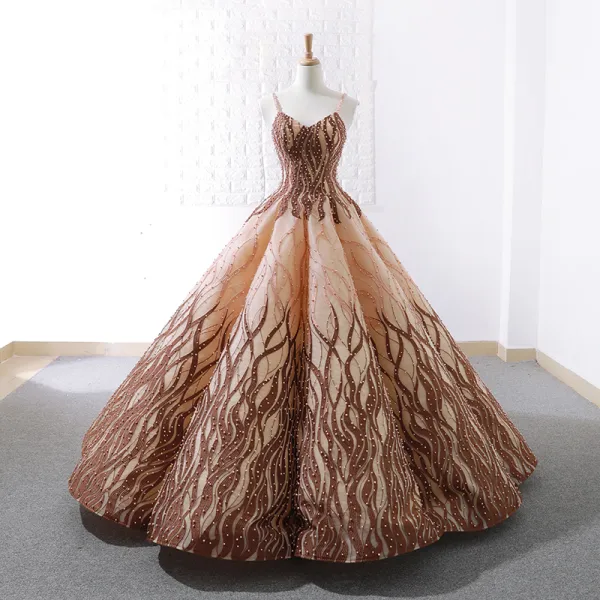 Luxury / Gorgeous Gold Brown Dancing Prom Dresses 2023 Ball Gown Spaghetti Straps Sleeveless Appliques Lace Beading Pearl Floor-Length / Long Ruffle Backless