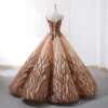 Luxury / Gorgeous Gold Brown Dancing Prom Dresses 2023 Ball Gown Spaghetti Straps Sleeveless Appliques Lace Beading Pearl Floor-Length / Long Ruffle Backless