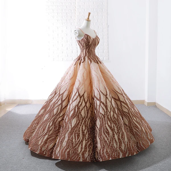 Luxury / Gorgeous Gold Brown Dancing Prom Dresses 2023 Ball Gown Spaghetti Straps Sleeveless Appliques Lace Beading Pearl Floor-Length / Long Ruffle Backless
