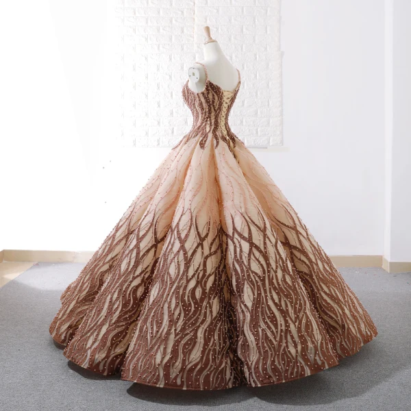Luxury / Gorgeous Gold Brown Dancing Prom Dresses 2023 Ball Gown Spaghetti Straps Sleeveless Appliques Lace Beading Pearl Floor-Length / Long Ruffle Backless