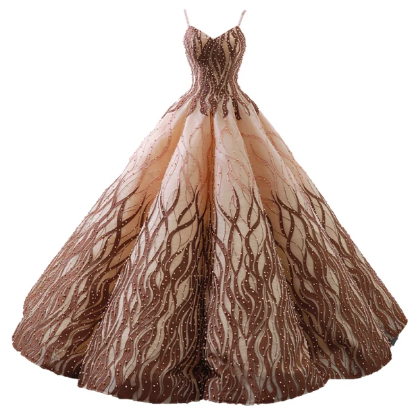 Luxury / Gorgeous Gold Brown Dancing Prom Dresses 2023 Ball Gown Spaghetti Straps Sleeveless Appliques Lace Beading Pearl Floor-Length / Long Ruffle Backless