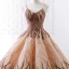 Luxury / Gorgeous Gold Brown Dancing Prom Dresses 2023 Ball Gown Spaghetti Straps Sleeveless Appliques Lace Beading Pearl Floor-Length / Long Ruffle Backless