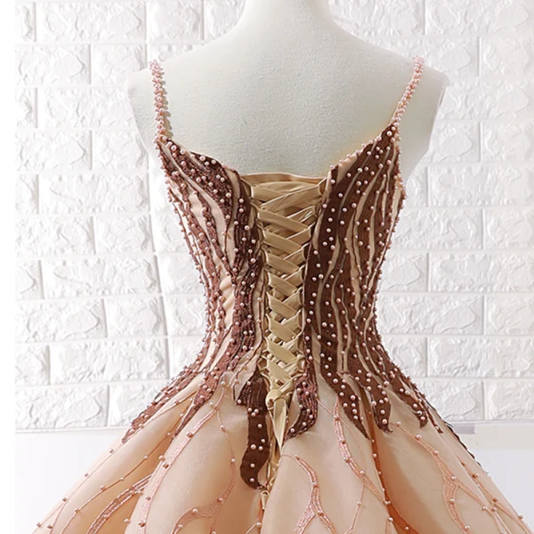 Luxury / Gorgeous Gold Brown Dancing Prom Dresses 2023 Ball Gown Spaghetti Straps Sleeveless Appliques Lace Beading Pearl Floor-Length / Long Ruffle Backless