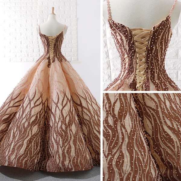 Luxury / Gorgeous Gold Brown Dancing Prom Dresses 2023 Ball Gown Spaghetti Straps Sleeveless Appliques Lace Beading Pearl Floor-Length / Long Ruffle Backless