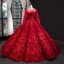 Luxury / Gorgeous Red Bridal Wedding Dresses 2023 Ball Gown See-through Scoop Neck Long Sleeve Backless Heart-shaped Flower Appliques Lace Chapel Train Ruffle