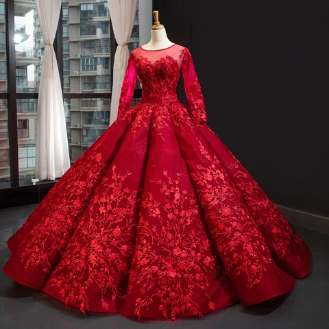 Luxus / Herrlich Rot Hochzeits Brautkleider / Hochzeitskleider 2023 Ballkleid Durchsichtige Rundhalsausschnitt Lange Ärmel Rückenfreies Herzförmig Blumen Applikationen Spitze Kapelle-Schleppe Rüschen