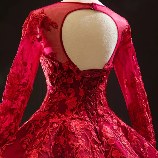 Luxury / Gorgeous Red Bridal Wedding Dresses 2023 Ball Gown See-through Scoop Neck Long Sleeve Backless Heart-shaped Flower Appliques Lace Chapel Train Ruffle