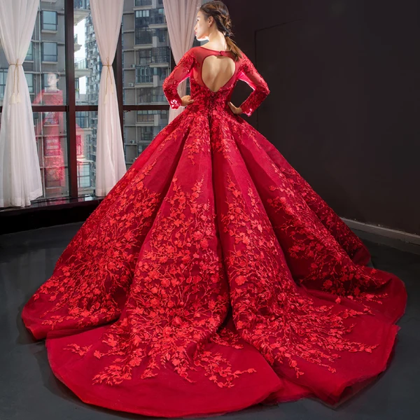 Luxury / Gorgeous Red Bridal Wedding Dresses 2023 Ball Gown See-through Scoop Neck Long Sleeve Backless Heart-shaped Flower Appliques Lace Chapel Train Ruffle