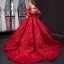 Luxury / Gorgeous Red Bridal Wedding Dresses 2023 Ball Gown See-through Scoop Neck Long Sleeve Backless Heart-shaped Flower Appliques Lace Chapel Train Ruffle