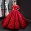 Luxury / Gorgeous Red Bridal Wedding Dresses 2023 Ball Gown See-through Scoop Neck Long Sleeve Backless Heart-shaped Flower Appliques Lace Chapel Train Ruffle