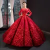 Luxury / Gorgeous Red Bridal Wedding Dresses 2023 Ball Gown See-through Scoop Neck Long Sleeve Backless Heart-shaped Flower Appliques Lace Chapel Train Ruffle