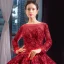 Luxury / Gorgeous Red Bridal Wedding Dresses 2023 Ball Gown See-through Scoop Neck Long Sleeve Backless Heart-shaped Flower Appliques Lace Chapel Train Ruffle