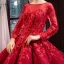 Luxury / Gorgeous Red Bridal Wedding Dresses 2023 Ball Gown See-through Scoop Neck Long Sleeve Backless Heart-shaped Flower Appliques Lace Chapel Train Ruffle