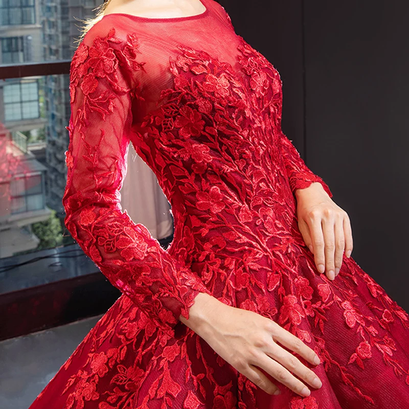 chinese dress ladies Burgundy Wedding Dresses Satin Ball Gown Lace Long Sleeves