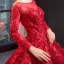 Luxury / Gorgeous Red Bridal Wedding Dresses 2023 Ball Gown See-through Scoop Neck Long Sleeve Backless Heart-shaped Flower Appliques Lace Chapel Train Ruffle