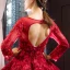 Luxury / Gorgeous Red Bridal Wedding Dresses 2023 Ball Gown See-through Scoop Neck Long Sleeve Backless Heart-shaped Flower Appliques Lace Chapel Train Ruffle