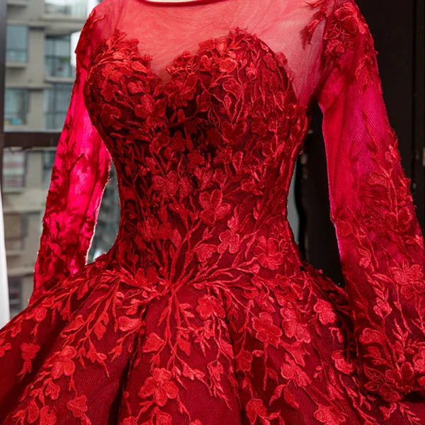 Luxury / Gorgeous Red Bridal Wedding Dresses 2023 Ball Gown See-through Scoop Neck Long Sleeve Backless Heart-shaped Flower Appliques Lace Chapel Train Ruffle