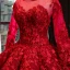 Luxury / Gorgeous Red Bridal Wedding Dresses 2023 Ball Gown See-through Scoop Neck Long Sleeve Backless Heart-shaped Flower Appliques Lace Chapel Train Ruffle