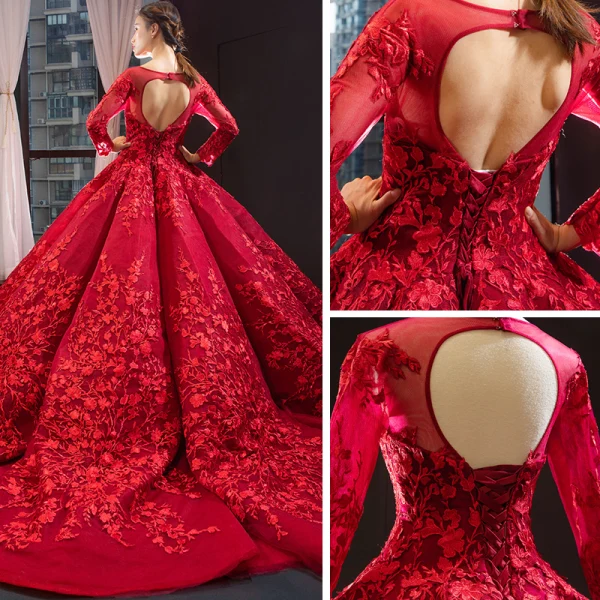 Luxury / Gorgeous Red Bridal Wedding Dresses 2023 Ball Gown See-through Scoop Neck Long Sleeve Backless Heart-shaped Flower Appliques Lace Chapel Train Ruffle