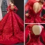 Luxury / Gorgeous Red Bridal Wedding Dresses 2023 Ball Gown See-through Scoop Neck Long Sleeve Backless Heart-shaped Flower Appliques Lace Chapel Train Ruffle