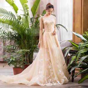 Luxe Champagne Été La Mariée Robe De Mariée 2020 Princesse Transparentes Encolure Carrée Sans Manches Dos Nu Papillon Appliques En Dentelle Tribunal Train Volants