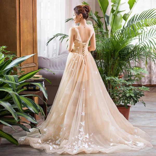 Luxe Champagne Été La Mariée Robe De Mariée 2020 Princesse Transparentes Encolure Carrée Sans Manches Dos Nu Papillon Appliques En Dentelle Tribunal Train Volants