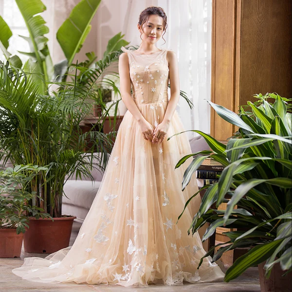 Luxe Champagne Été La Mariée Robe De Mariée 2020 Princesse Transparentes Encolure Carrée Sans Manches Dos Nu Papillon Appliques En Dentelle Tribunal Train Volants