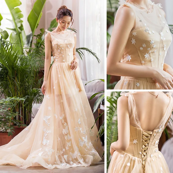 Luxe Champagne Été La Mariée Robe De Mariée 2020 Princesse Transparentes Encolure Carrée Sans Manches Dos Nu Papillon Appliques En Dentelle Tribunal Train Volants