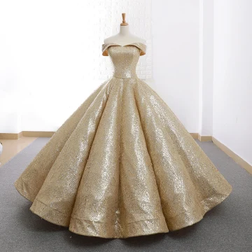 Scintillantes Doré Dansant Robe De Bal 2023 Robe Boule De L Épaule Manches Courtes Longue Volants Dos Nu Robe De Ceremonie