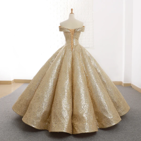 Sparkly Gold Dancing Prom Dresses 2023 Ball Gown Off-The-Shoulder Short Sleeve Floor-Length / Long Ruffle Backless Formal Dresses