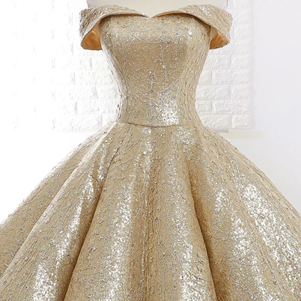 Sparkly Gold Dancing Prom Dresses 2023 Ball Gown Off-The-Shoulder Short Sleeve Floor-Length / Long Ruffle Backless Formal Dresses