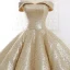 Sparkly Gold Dancing Prom Dresses 2023 Ball Gown Off-The-Shoulder Short Sleeve Floor-Length / Long Ruffle Backless Formal Dresses