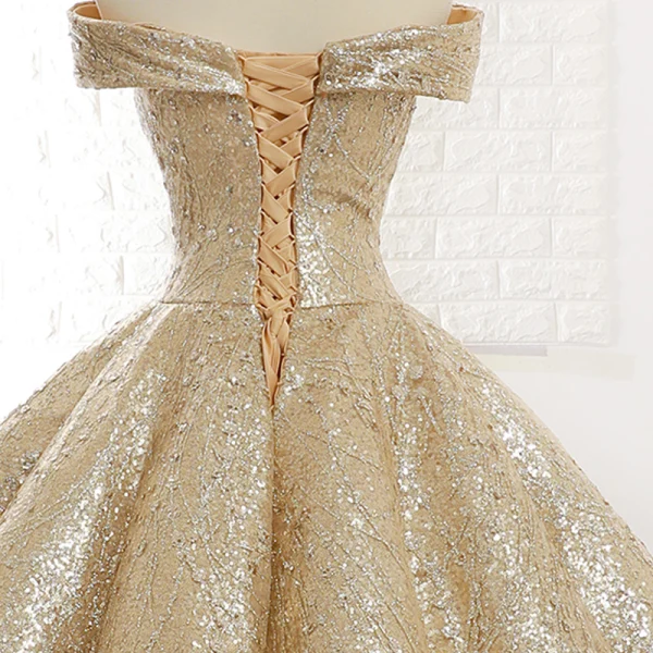 Sparkly Gold Dancing Prom Dresses 2023 Ball Gown Off-The-Shoulder Short Sleeve Floor-Length / Long Ruffle Backless Formal Dresses