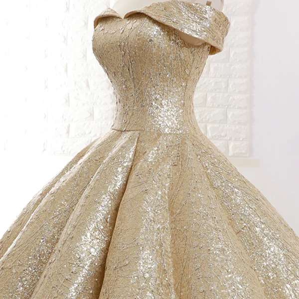 Sparkly Gold Dancing Prom Dresses 2023 Ball Gown Off-The-Shoulder Short Sleeve Floor-Length / Long Ruffle Backless Formal Dresses