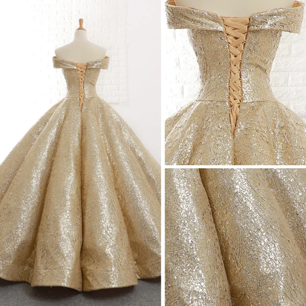 Sparkly Gold Dancing Prom Dresses 2023 Ball Gown Off-The-Shoulder Short Sleeve Floor-Length / Long Ruffle Backless Formal Dresses