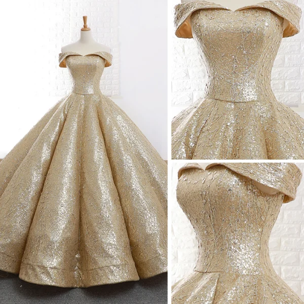 Sparkly Gold Dancing Prom Dresses 2023 Ball Gown Off-The-Shoulder Short Sleeve Floor-Length / Long Ruffle Backless Formal Dresses
