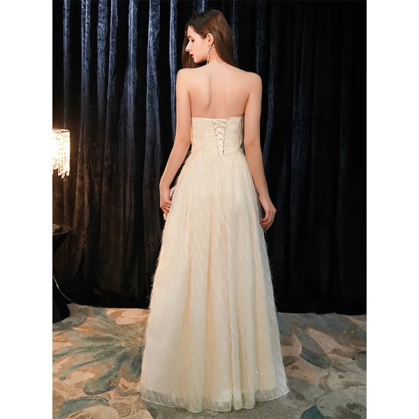 Elegant Champagne Evening Dresses  With Shawl 2019 A-Line / Princess Strapless Sleeveless Glitter Polyester Floor-Length / Long Ruffle Backless Formal Dresses