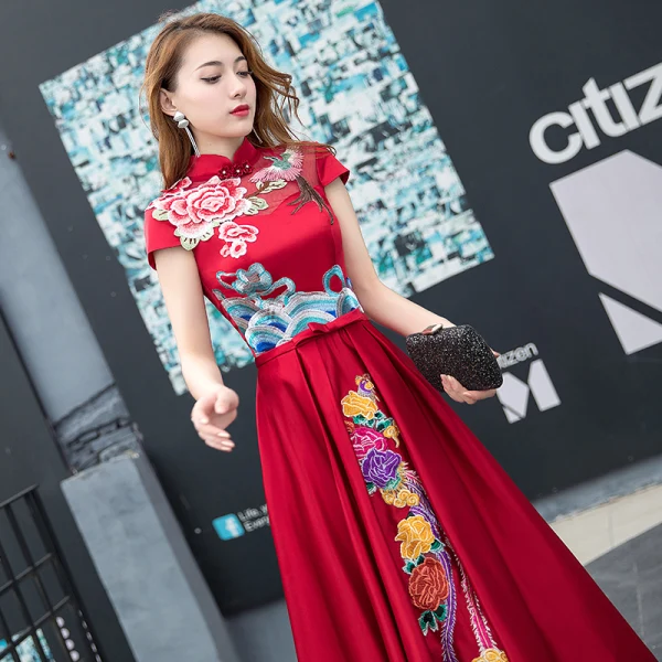 Chinese style Burgundy See-through Evening Dresses 2018 A-Line / Princess High Neck Short Sleeve Embroidered Bow Sash Floor-Length / Long Ruffle Backless Formal Dresses