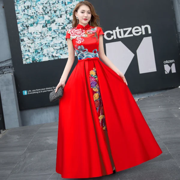 Chinese style Burgundy See-through Evening Dresses 2018 A-Line / Princess High Neck Short Sleeve Embroidered Bow Sash Floor-Length / Long Ruffle Backless Formal Dresses