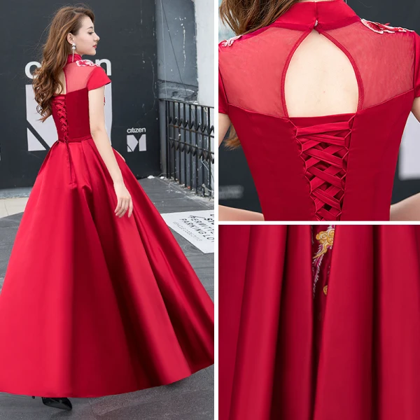 Chinese style Burgundy See-through Evening Dresses 2018 A-Line / Princess High Neck Short Sleeve Embroidered Bow Sash Floor-Length / Long Ruffle Backless Formal Dresses