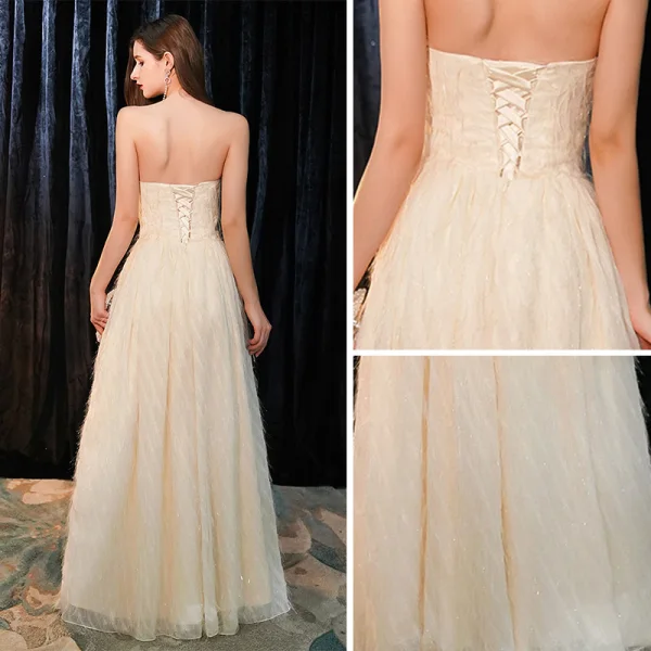 Elegant Champagne Evening Dresses  With Shawl 2019 A-Line / Princess Strapless Sleeveless Glitter Polyester Floor-Length / Long Ruffle Backless Formal Dresses