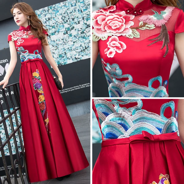 Chinese style Burgundy See-through Evening Dresses 2018 A-Line / Princess High Neck Short Sleeve Embroidered Bow Sash Floor-Length / Long Ruffle Backless Formal Dresses