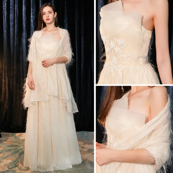 Elegant Champagne Evening Dresses  With Shawl 2019 A-Line / Princess Strapless Sleeveless Glitter Polyester Floor-Length / Long Ruffle Backless Formal Dresses