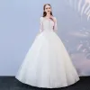 Affordable White Pierced Wedding Dresses 2017 Ball Gown Scoop Neck Long Sleeve Backless Appliques Lace Floor-Length / Long