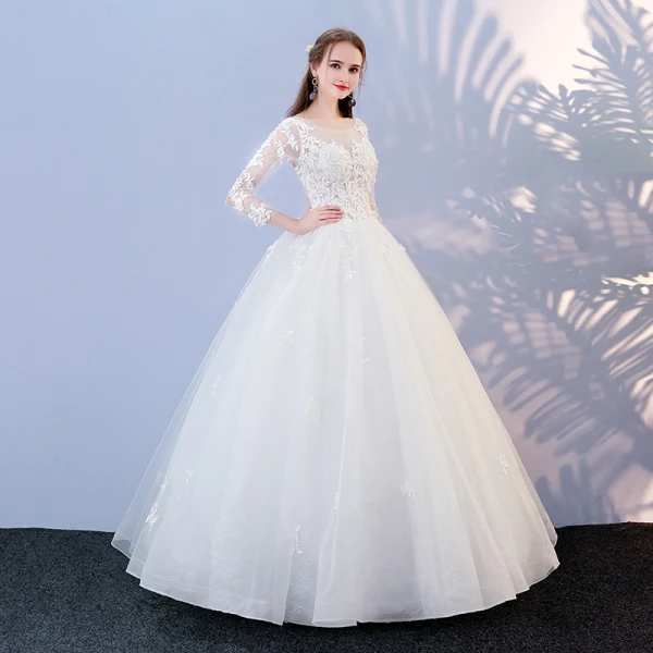 Abordable Blanche Percé Robe De Mariée 2017 Robe Boule Encolure Dégagée Manches Longues Dos Nu Appliques En Dentelle Longue