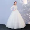 Affordable White Pierced Wedding Dresses 2017 Ball Gown Scoop Neck Long Sleeve Backless Appliques Lace Floor-Length / Long