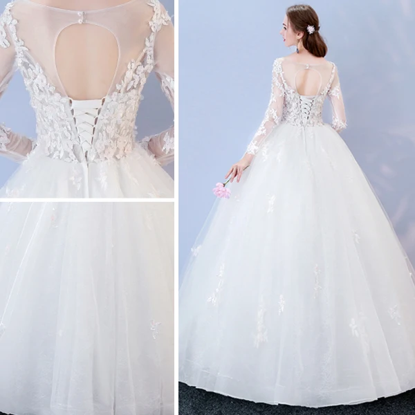 Abordable Blanche Percé Robe De Mariée 2017 Robe Boule Encolure Dégagée Manches Longues Dos Nu Appliques En Dentelle Longue