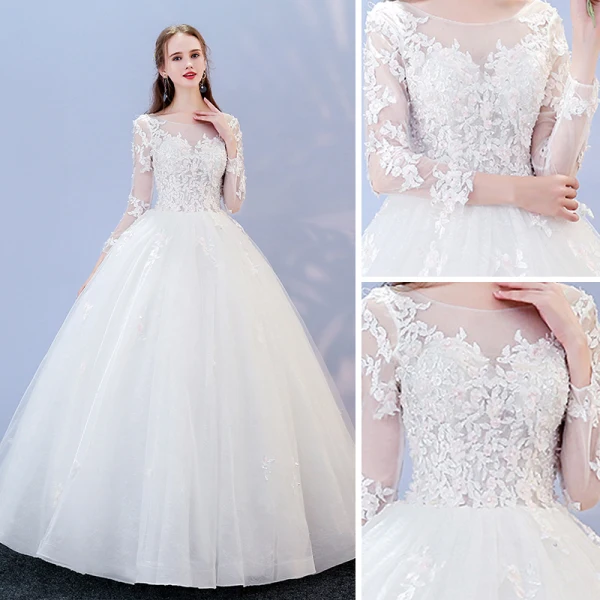 Abordable Blanche Percé Robe De Mariée 2017 Robe Boule Encolure Dégagée Manches Longues Dos Nu Appliques En Dentelle Longue