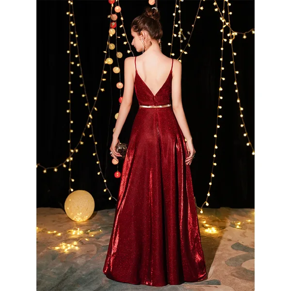 Bling Bling Bordeaux Robe De Soirée 2019 Princesse Bretelles Spaghetti Sans Manches Métal Ceinture Glitter Polyester Longue Volants Dos Nu Robe De Ceremonie